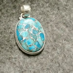 925 Silver Wide Oval Copper Blue Turquoise Pendant